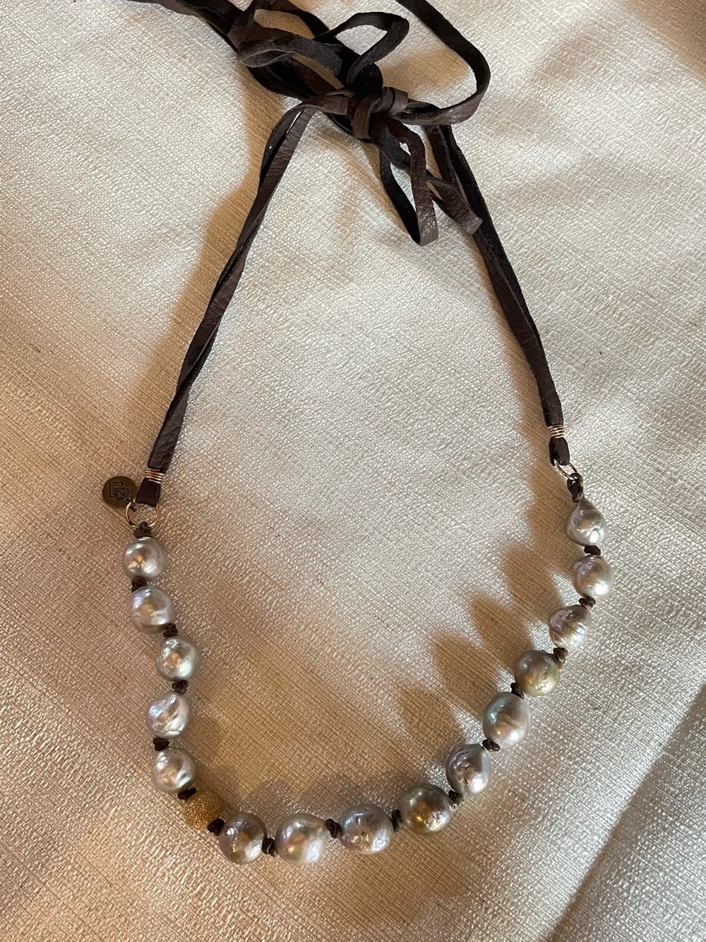 Gray Pearl Necklace with Brown Suede Tie - Picture 2 of 8